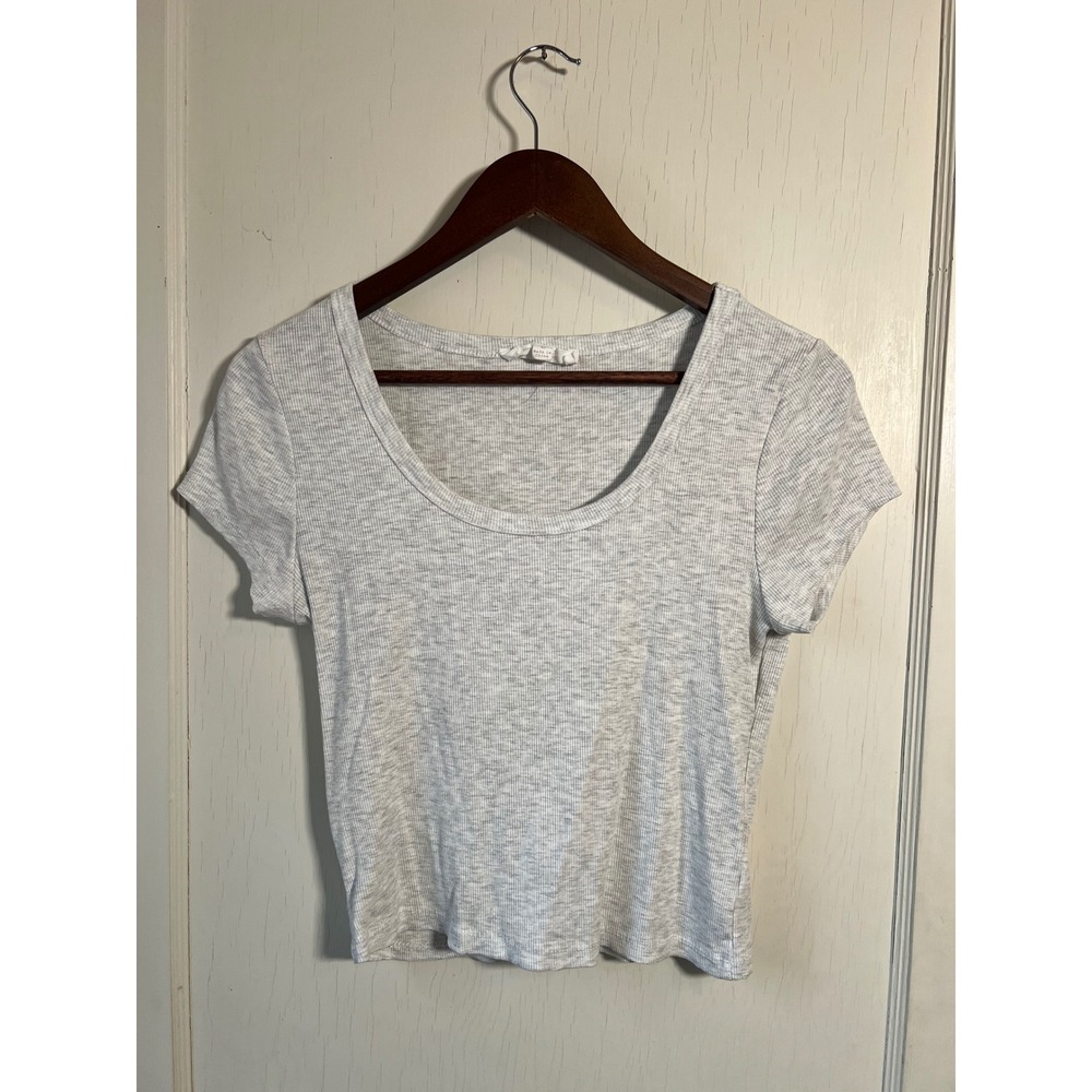 Sage +‎ Stone Ribbed Knit Cropped Tee Shirt Gray Size L